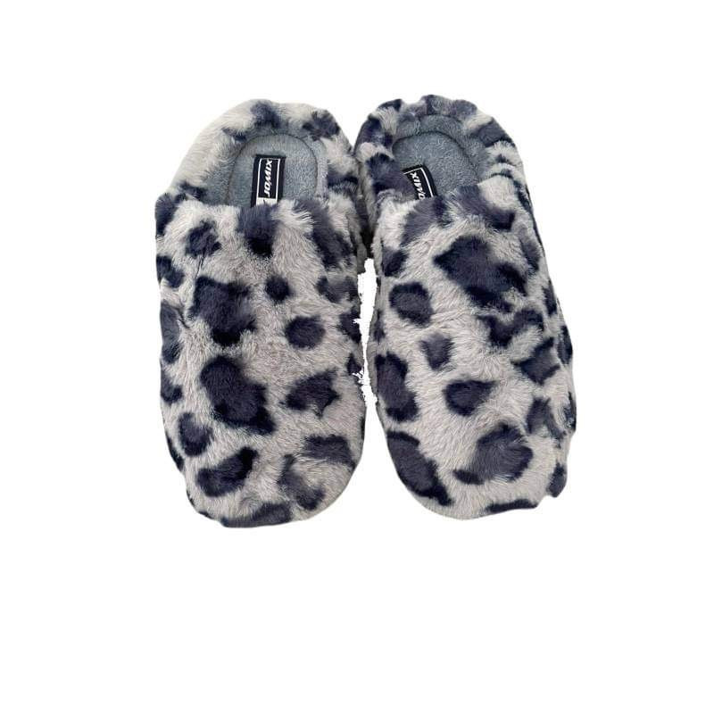 Γυναικείες Χειμωνιάτικες Γούνινες  Animal Print Παντόφλες σε Γκρί  χρώμα
