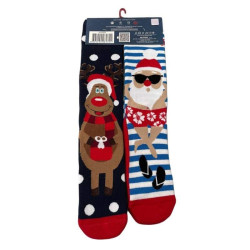 Γυναικείες Μακριές Βαμβακερές Χριστουγεννιάτικες Κάλτσες Christmas Socks F30 Σετ 2 ζευγάρια Χρώματος Μπλέ -Μαύρο