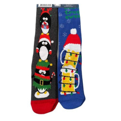 Γυναικείες Μακριές Βαμβακερές Χριστουγεννιάτικες Κάλτσες Christmas Socks F36  Σετ 2 ζευγάρια Χρώματος Μπλέ - Μαύρο