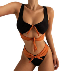 Black Orange Bandeau Highwaisted  Bikini Set Γυναικείο Σετ Μπικίνι  με Ψηλόμεσο Σλιπ σε Μαύρο χρώμα με πορτοκαλί λεπτομέρειες