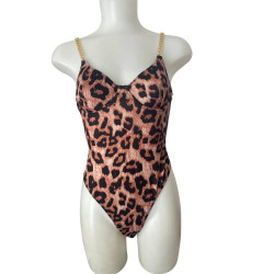 Γυναικείο Κορμάκι String Animal Print με τιράντες Χρυσή Αλυσίδα Καφέ χρώμα Ν2