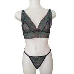 Γυναικείο Σετ Εσωρούχων Δαντελενιο Bralette με String σε Πράσινο -Μαυρο χρώμα