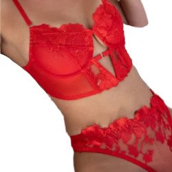 Γυναικέιο Σετ Εσωρούχων Μπουστάκι και String  με διαφάνεια και κεντημένα λουλούδια σε Κόκκινο  χρώμα