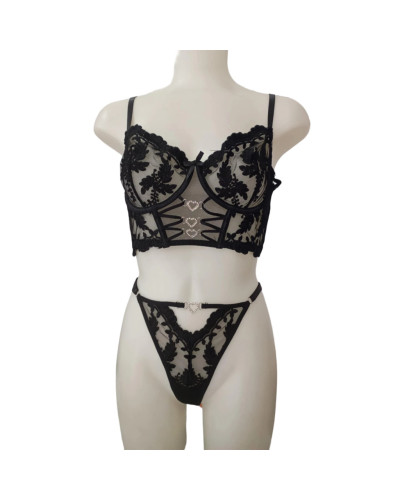 Γυναικείο Δαντελενιο Σετ Εσωρούχων Μπούστο Καρδούλες σε Μαύρο Χρώμα